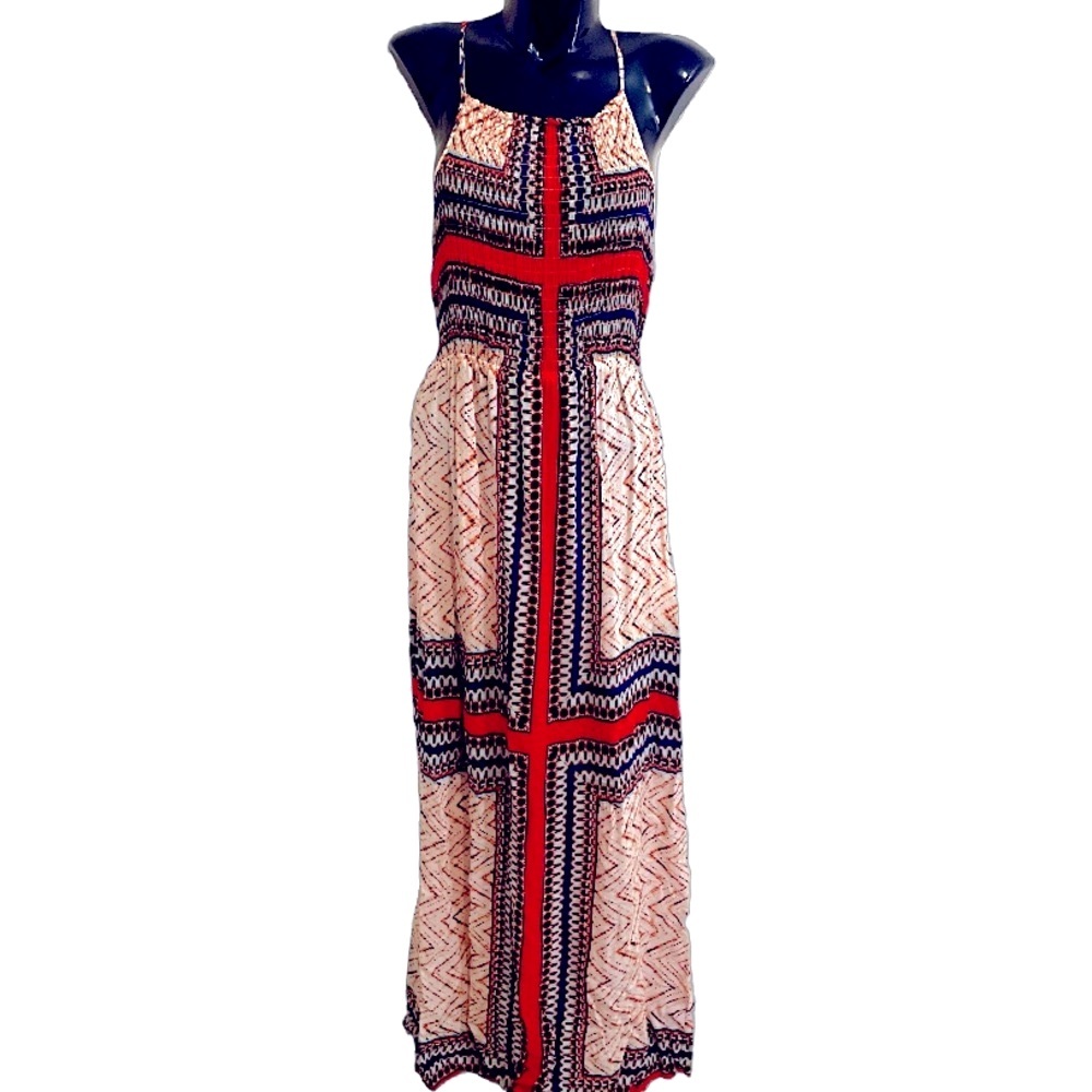 Monteau Orange Blue and Cream Boho Smocked Spaghetti Strap Maxi Dress Large EUC